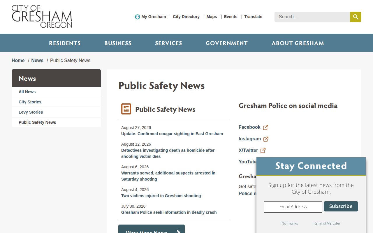 Multnomah County Gresham Public Safety News arrest release view