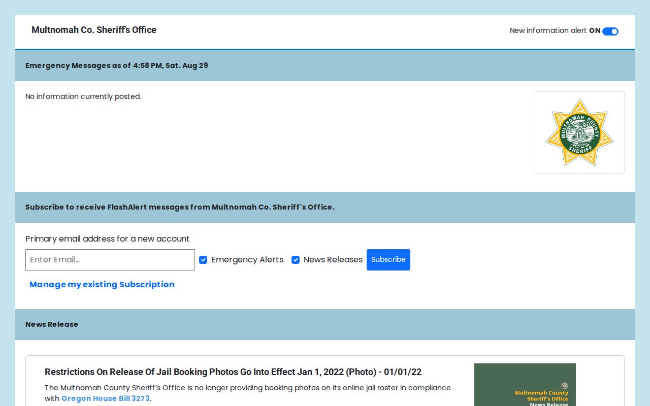 Multnomah County booking photo restriction record notice