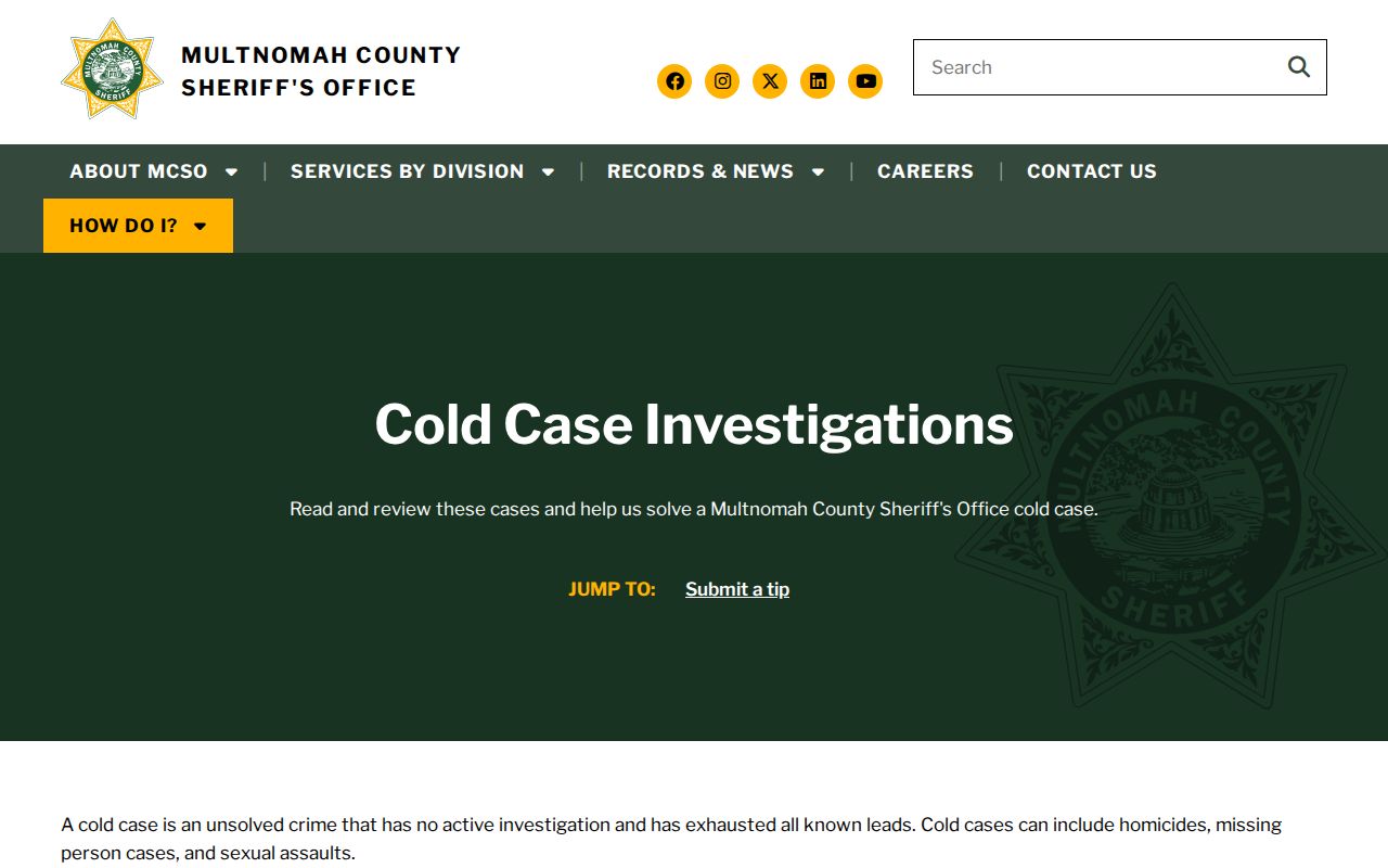 MCSO cold-case information page for Multnomah County tips