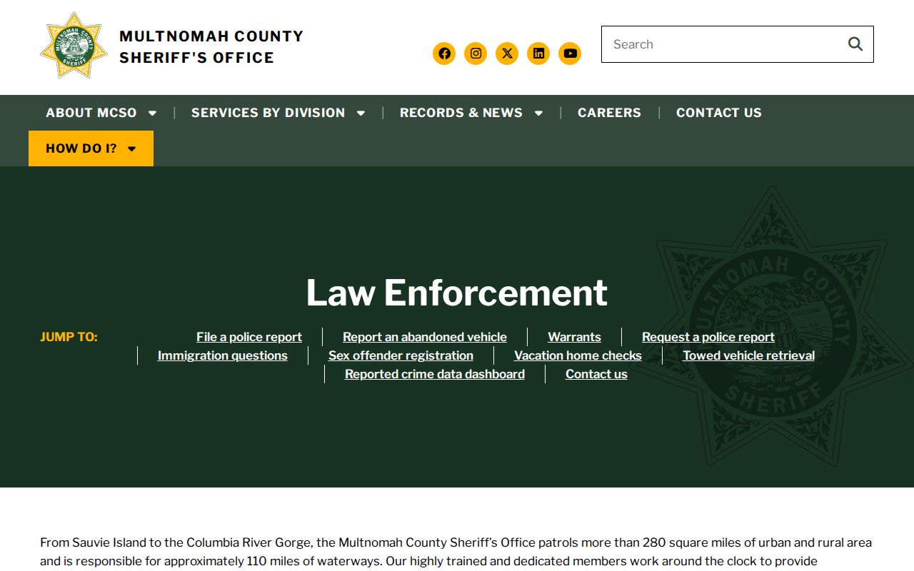 MCSO Law Enforcement page with Multnomah County warrant-check information