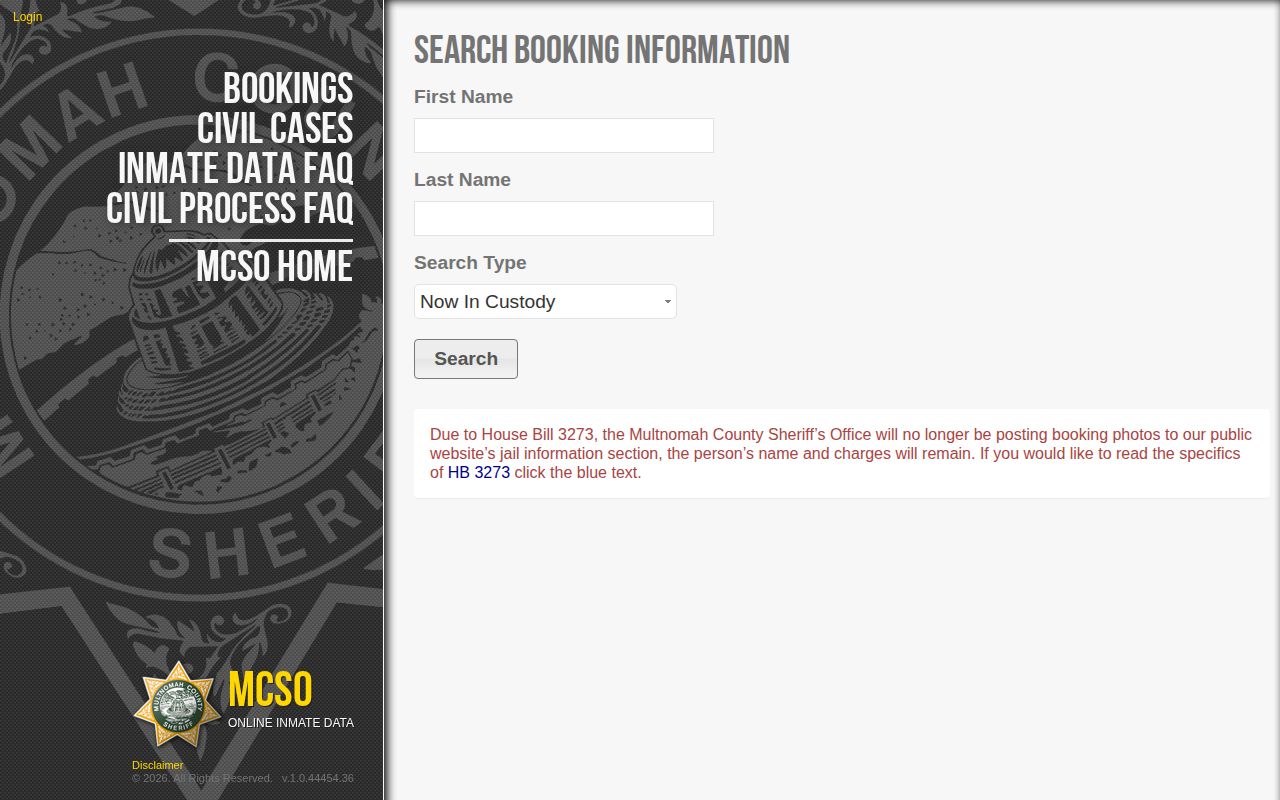 Multnomah County current custody roster search record interface